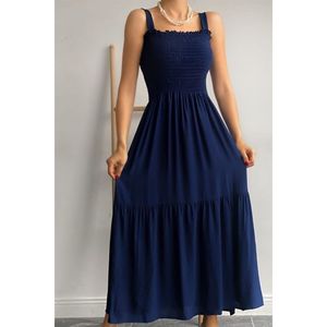 Navy Blue Strappy Layered <b>Dress</b> <b>Elastic</b> Waist Spaghetti Strap Ruffles Breathable Daily Wear Women Casual Long Maxi <b>Dress</b> - Product Image 1