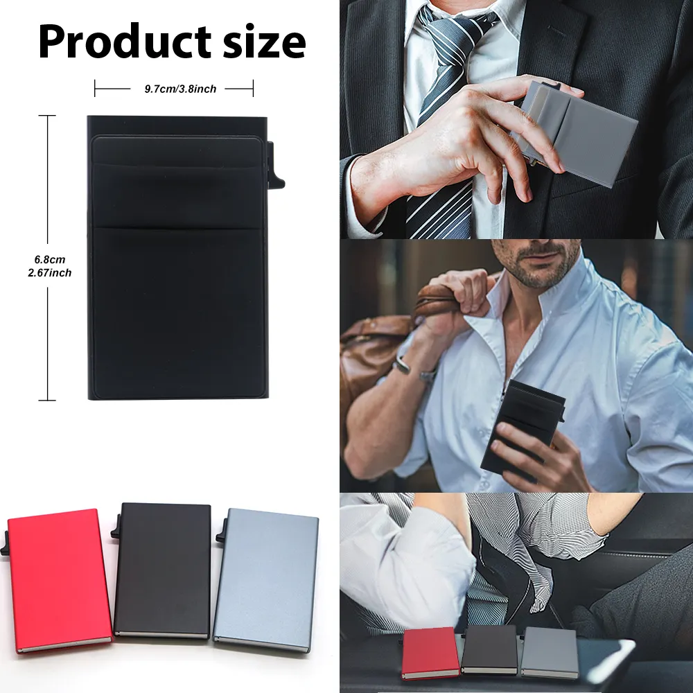 Anti Scratch Pop-up Minimalist PU Leather RFID Blocking Card Holder Metal Men Wallet for Credit Bank Cards