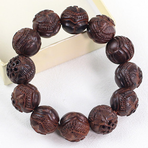 Bracelet en bois de rose indien sculpté en lotus, 18 mm 15 mm, bijoux religieux unisexes, bracelet à perles - Product Image 2