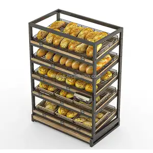 Customized Bakery Floor Standing Metal And Wood Bread Display Rack bakery cake display stand