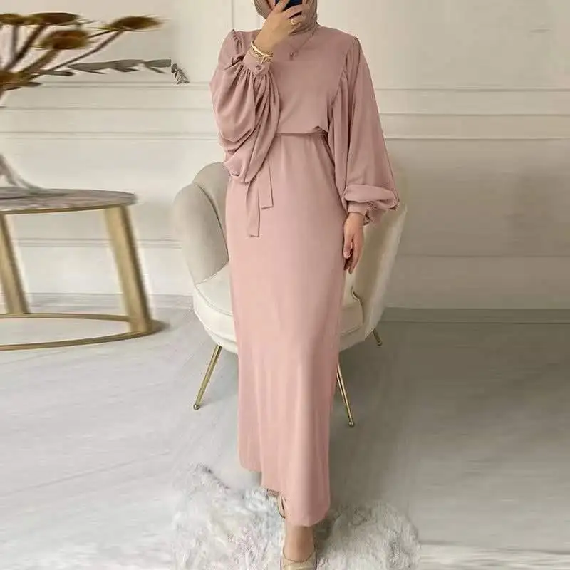 2023 मुस्लिम दक्षिण पूर्व एशियाई फैशन लालटेन आस्तीन बंडल कमर पैक हिप Abayas दौर गर्दन लंबी आस्तीन महिलाओं की पोशाक