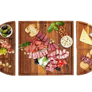Wooden tray fruit snack plate magnetic splice multi-purpose cutting board with knife