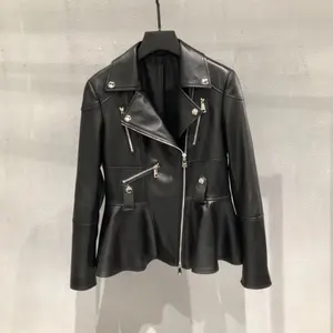 2021热腾腾的秋季设计女士黑色修身夹克性感女士外套正品羊皮短款皮夹克女摩托车夹克