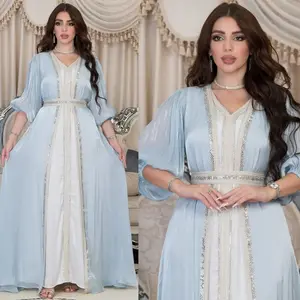 2023 abaya women muslim dress Light Luxury Dress with Rhinestones Abaya Bright Silk Satin Three Piece Set