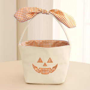 Cesta de lona a cuadros de gran venta para decoración de Halloween, con diseño de cara de calabaza divertida y para dulces - Product Image 3