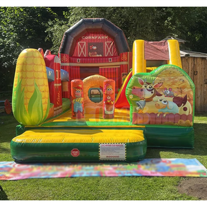 Castello Gonfiabile Economico a <span class=keywords><strong>Tema</strong></span> Fattoria per Bambini, Scivolo e Area Salto con Motivo Ranch di Mais - Product Image 1