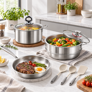 Juego de ollas de acero inoxidable con tapas de vidrio, diseño minimalista y duradero para cocinas de gas e inducción - Product Image 5