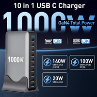 Adaptateur de chargeur de bureau multi-ports 1000W 10 ports USB GaN à charge rapide 140W pour ordinateur portable et tablette