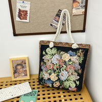 Nouveau sac fourre-tout double face pour dame 35x40cm grande capacité mode toile ouverte style ethnique brodé corde de chanvre zone scénique