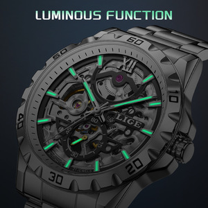 LIGE <b>Skeleton</b> <b>Automatic</b> Mechanical Chronograph <b>Watch</b> Men Business Style Stainless Steel Band 44mm Dial 3BAR Water Resistant 21cm - Product Image 4