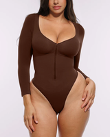 Body gainant femme à manches longues, avec découpe frontale profonde, design à boucle, coupe haute, effet ventre plat, extensible, pour usage quotidien