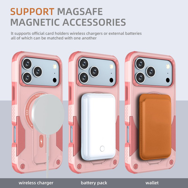 Heavy Duty Armor Shockproof Magnetic Phone Case for iPhone 17 16 15 Pro Max Rugged PC TPU Kickstand Cover Full Protection