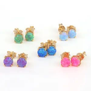 2024 DIY Color Opal Earrings Stud Wholesale 925 Sterling Silver Gold Plated Fire Opal Main Stone 6mm Round Earring