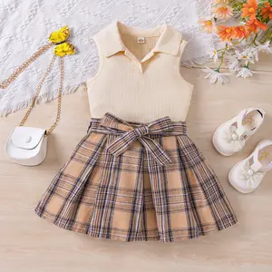 Wholesale New Design Kids Clothes 1-7 Years Children Knitted Vest Top+plaid Skirt Suit Set Girls 2pcs Clothing Set For Summer