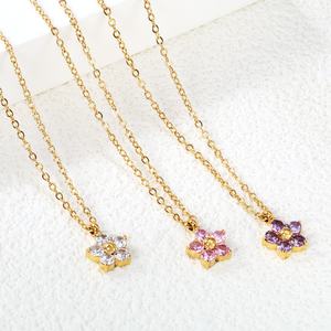 Stainless Steel Charm Flower <b>Necklace</b> Cute White <b>Pink</b> Purple Zircon 18K Gold Plated Wholesale Crystal Diamond <b>Necklace</b> for Women - Product Image 3