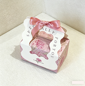 Boîte cadeau portable personnalisée avec poignée, boîte à dragées florale rose avec nœud en ruban, emballage pliable pour bonbons de mariage - Product Image 3