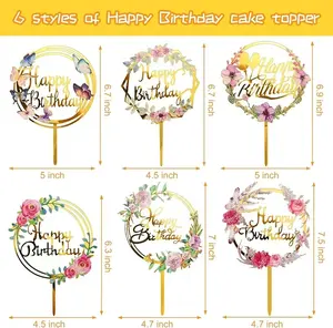 6 Stuks Verjaardagstaart Decoraties Met Gouden Bloemen En Acryl Papier Cupcake Toppers Voor Verjaardagsfeestjes