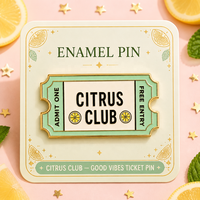 Épingles de revers personnalisées en émail dur, badges décoratifs, cadeaux promotionnels, artisanat métallique, motifs de dessins animés, thème Citrus Club, pour billets personnalisés