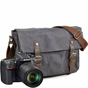 Sac à bandoulière horizontal pour homme en toile cirée et cuir pleine fleur, étanche, pour appareil photo reflex, idéal pour les loisirs et les voyages - Product Image 1