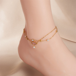 Chaîne de cheville double couche rose lotus en émail et perles rondes en cristal, bijou délicat pour femme, idéal pour l'été et la plage, vente en gros - Product Image 1