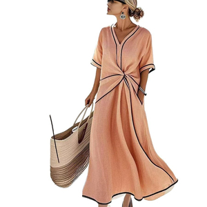 Vestido Midi Formal <span class=keywords><strong>de</strong></span> Mujer con Cuello en V, Manga Corta, Bloques <span class=keywords><strong>de</strong></span> Color, Cintura Natural, Ecológico y Transpirable - Product Image 1