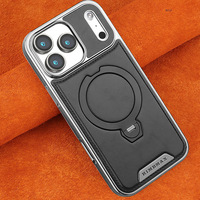 Étui de téléphone en cuir haut de gamme pour iPhone 17 avec support magnétique rotatif pour Apple 16, coque rigide en cuir électroplaqué avec support intégré