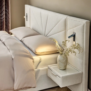 Marco de Cama Tapizado <span class=keywords><strong>en</strong></span> Tela de Ostra con Acabado Cepillado, Estilo <span class=keywords><strong>Mayfair</strong></span>, con Luces Nocturnas y Mesitas de Noche - Product Image 3