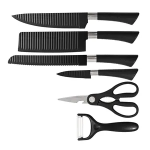 Hot Sale 6 Piece Stainless Steel Kitchen Knife Set Black Wave Non-Stick Coated Meat Cleaver Knives With Gift Box