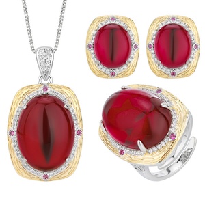 Fashion Eco-friendly Copper Retro Pendant <b>Earrings</b> Rings Set 15*20/10*12mm Large Red Zircon Jewelry Sets for Statement Style - Product Image 1