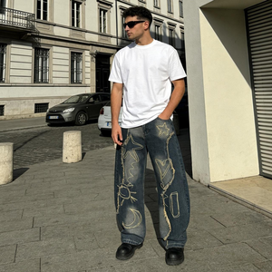 Jean ample en denim délavé foncé pour homme, imprimé étoiles, lune et soleil, style streetwear respirant et lavable - Product Image 6