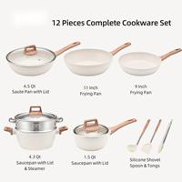Dropahipping 12 buah panci memasak dapur, Set panci masak anti lengket bahan Aloi aluminium putih dengan pegangan kayu