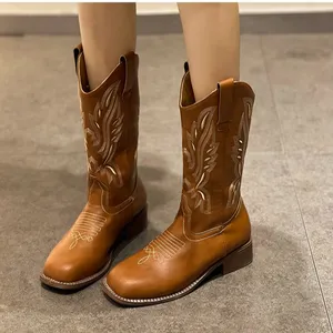 Vintage Western Cowgirl Cowboy Embroidery Chunky Heels Mid Calf Length Leather Boots Women Shoes