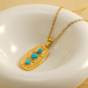 Gold Plated Turquoise Pendant Necklace Geometric Oval Shape 18K Purity Festivals And Celebrations - Product Image 4