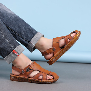 Men Genuine Leather T-Strap <b>Sandals</b> <b>Closed</b> <b>Toe</b> Oxford Outsole Breathable Casual Beach Shoes - Product Image 2
