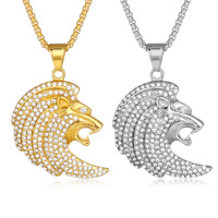 Liontin Singa Berlapis Emas Anti Air dari Baja Tahan Karat dengan Zirkon, Kalung Kepala Singa, Perhiasan Hip Hop Kustom Grosir