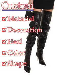 Botas de tacón de aguja plisadas de cuero genuino negro para mujer, personalizadas por fabricantes, sexys, por encima de la rodilla, estilo fetiche - Product Image 2