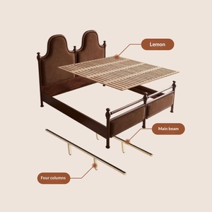 Lit double vintage français en velours doux, taille king, pour villa, chambre à coucher, cadre en bois de luxe, rembourré marron, mobilier - Product Image 4