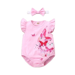 Penjualan laris bodysuit lengan terbang bayi perempuan musim panas Romper katun lengan Terbang cetak kupu-kupu lucu bando 0-18 bulan
