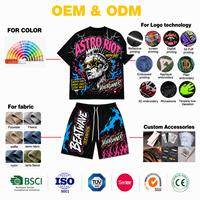 Ensemble deux pièces d'été personnalisé avec logo imprimé numériquement, streetwear délavé, coupe ample vintage, motifs graphiques, strass, shorts pour hommes