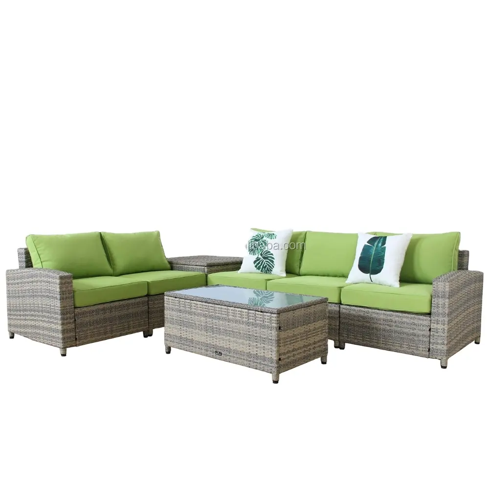 7-Piece All Weather Rattan Wicker Sectional Outdoor Garden Patio Furniture Set, Cream green