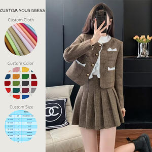 Personnalisé pur polyester décontracté <span class=keywords><strong>kaki</strong></span> couleur unie automne col rond bouton poche Blazer femmes Mini jupe plissée Tweed <span class=keywords><strong>ensemble</strong></span> de vêtements - Product Image 2
