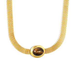 Collier ovale avec pendentif en pierre œil de chat dorée, chaîne en maille pour femme, bijoux en alliage de zinc avec sertissage clos - Product Image 2