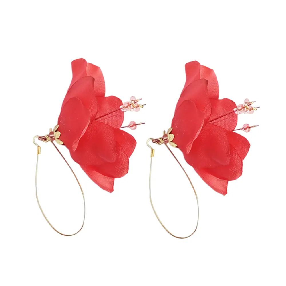 Anting-anting manik liontin bunga mawar merah kain elegan anting-anting Drop pernyataan kelopak