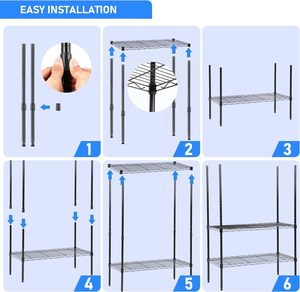 5-tier <b>adjustable</b> wire mesh storage rack, made of black carbon steel, with wheels, <b>adjustable</b> <b>shelf</b> height, lightweight storage - Product Image 4