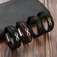 Pulsera de cuero con hebilla magnética multicapa para hombre, brazalete de cuero tejido a mano de acero inoxidable número 8, estilo de moda