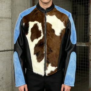 Blouson en <span class=keywords><strong>cuir</strong></span> imprimé vachette vintage personnalisé de qualité supérieure, style motard, avec blocs de couleur, patchwork et fausse fourrure, type bomber streetwear - Product Image 2