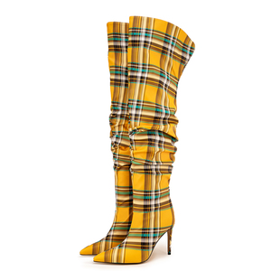 Big Size 45 Women Plaid Print Over Knee High <b>Boots</b> Pleated Upper Wide Fit Shoes Ladies Pointed Toe Thigh High Long Booties - Product Image 5