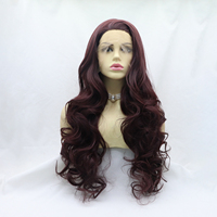 Perruque Lace Frontale pour Halloween, 24 pouces, bouclée, rouge bordeaux, nouée à la main, sans colle, transparente, dentelle 13*3, Body Wave, Cosplay