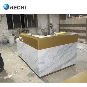 RECHI Retail Store Display Fixture Design Luxury Customer Service Reception Desk Checkout Counter Table Cashier With Light Logo