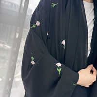 Vente en gros Abaya XXL en mousseline pour femmes élégante robe musulmane faite à la main avec broderie de fleurs ouverte Hijab-2 pièce vêtements islamiques